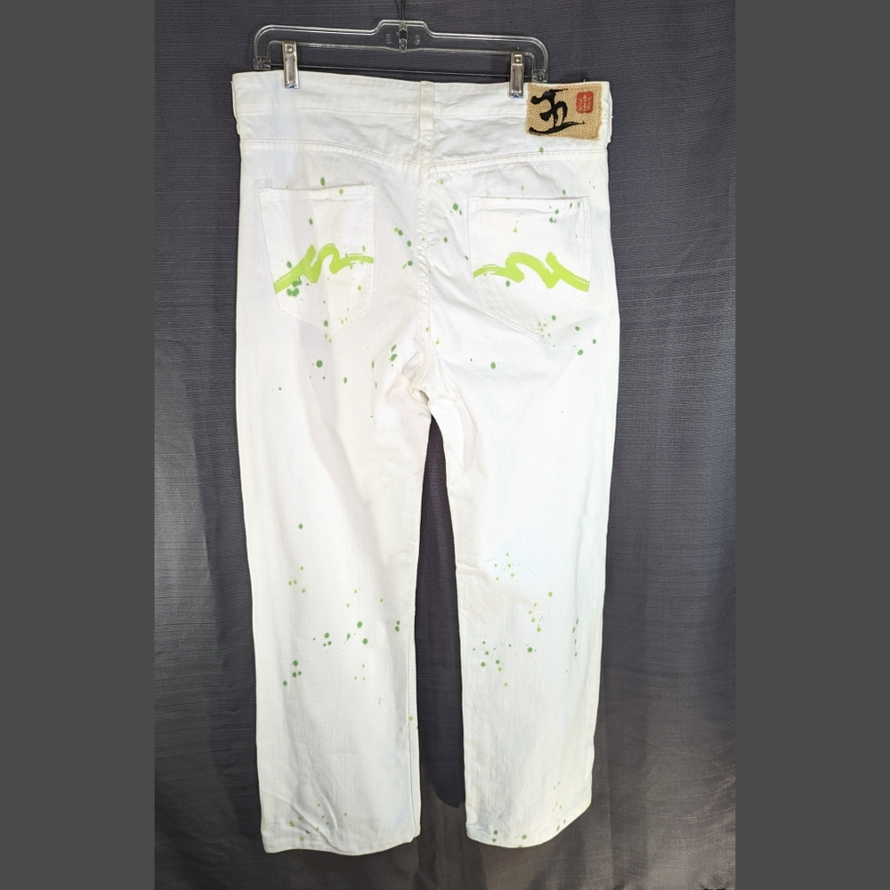 90s White Paint Splatter Jeans Green Splatter 34 x 34